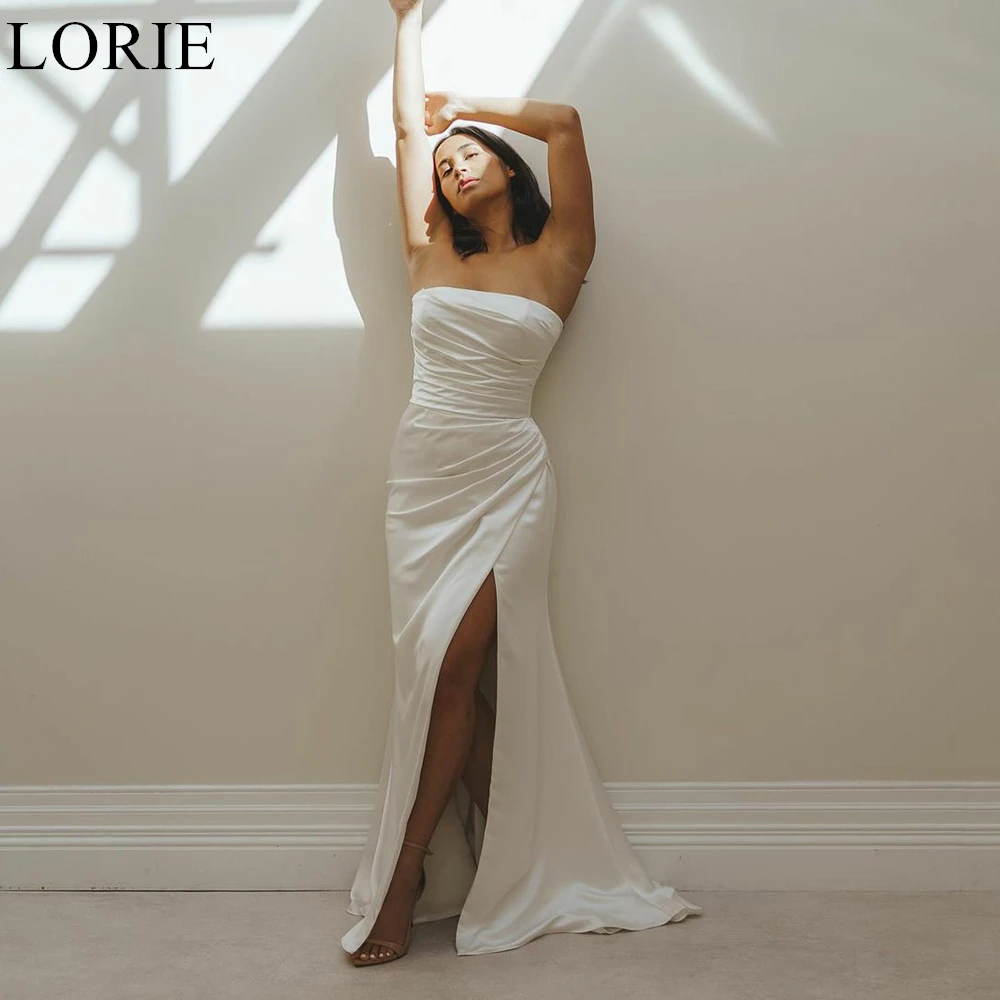 

LORIE Elegant Ivory Satin Wedding Dresses Strapless Draped Side Slit Wedding Party Bride Prom Gown 2024 Simple Bridal Gowns