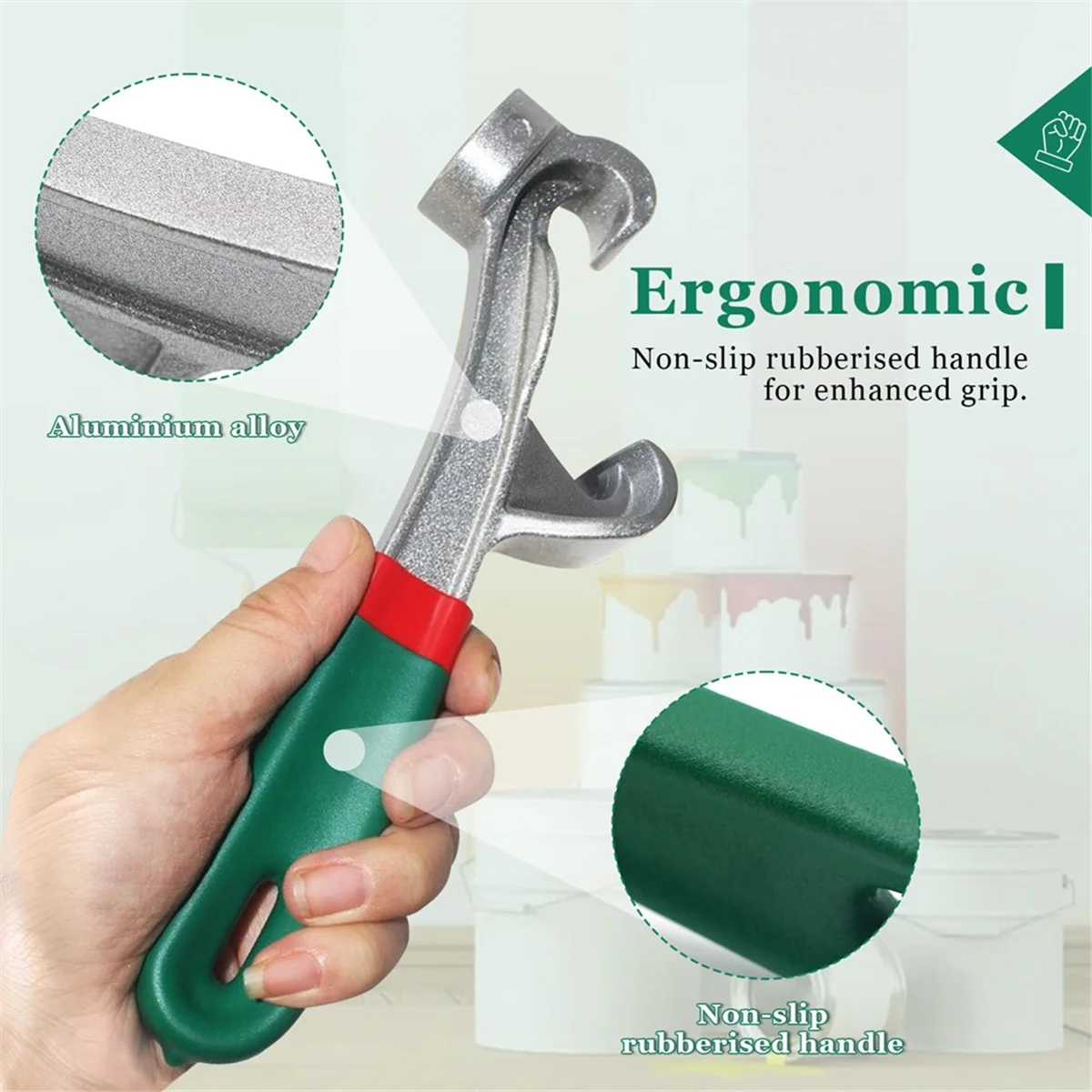 AA98 Manuelles Eimeröffner-Werkzeug, 5 Gallonen – robuster Eimerschlüssel mit Aluminiumdeckel und rutschfestem Gummigriff, mühelos geöffnet