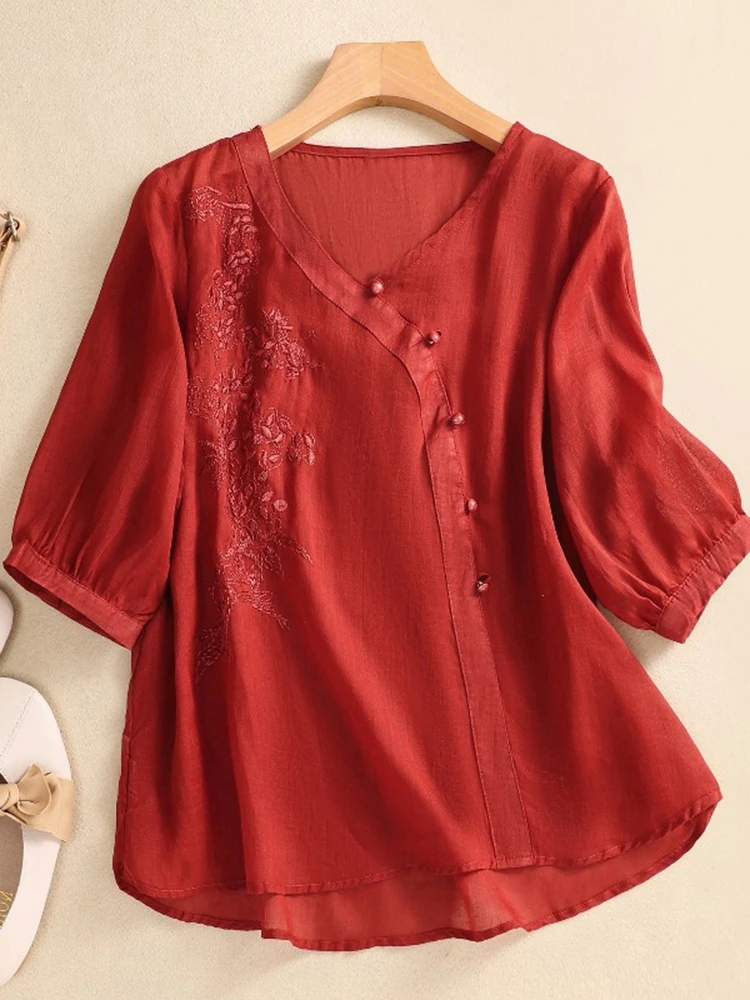 Retro V-Ne bordado algodón Lino irt ligero verano Casual suelta ajuste talla grande mujer Faion artístico Top