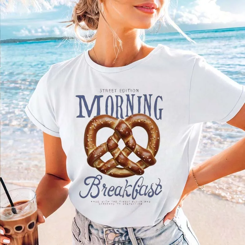 

Футболка с французским хлебом и принтом, одежда 90-х годов, модная женская повседневная базовая футболка, женский летний топ с короткими рукавами