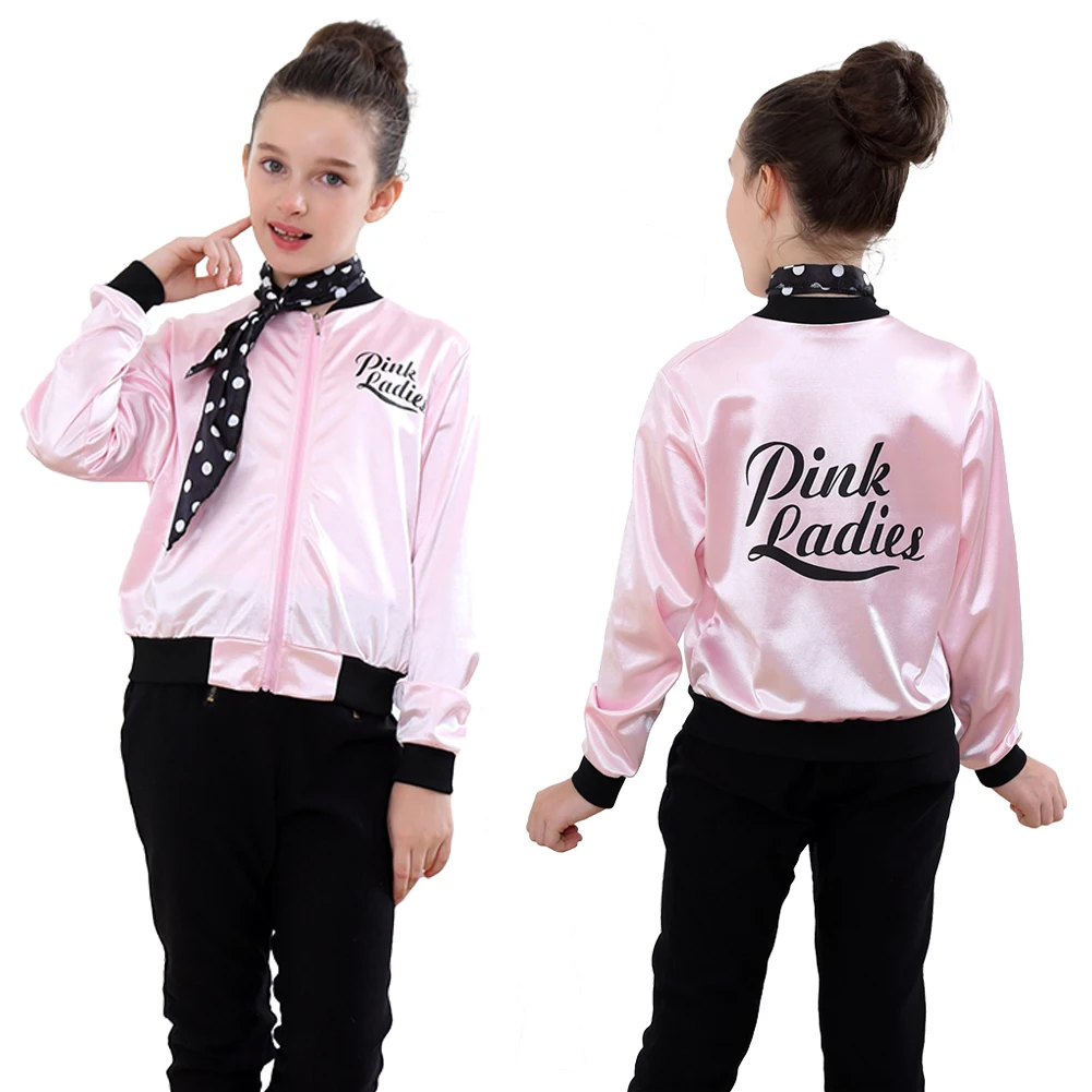 Grease Fantasy Cosplay Costume para Mulheres, Lady Jacket, Roupa rosa, Casaco de cetim feminino, Role Play, Party Cloth, Dia das Bruxas, Crianças, Meninas