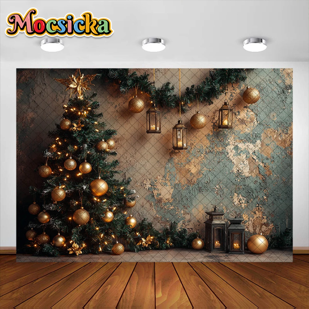 Properti Studio latar belakang fotografi Natal, karangan bunga Natal emas, dekorasi malam, properti Studio foto potret liburan untuk anak-anak