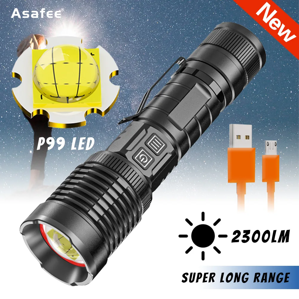 Strong Lighting Flashlight XHP99 Zoom Long-range Flashlight Power Button Dual on/off with Pen Clip