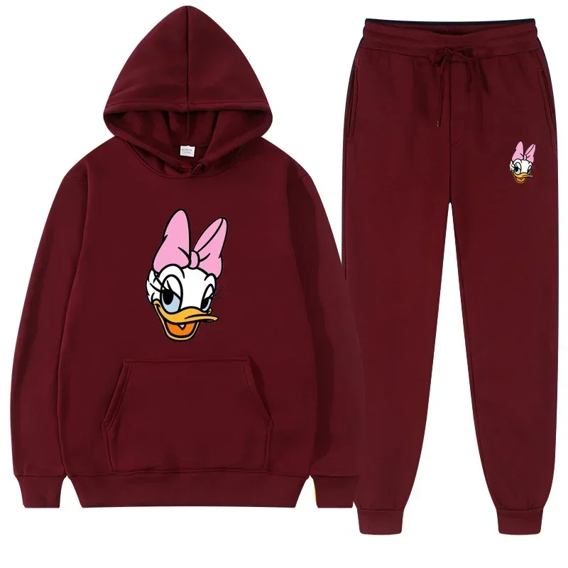 New Disney Daisy Duck Cartoon Print Casual Women\'s Pullover Long Pants Autumn Loose Hoodie+Pants 2 Piece Set