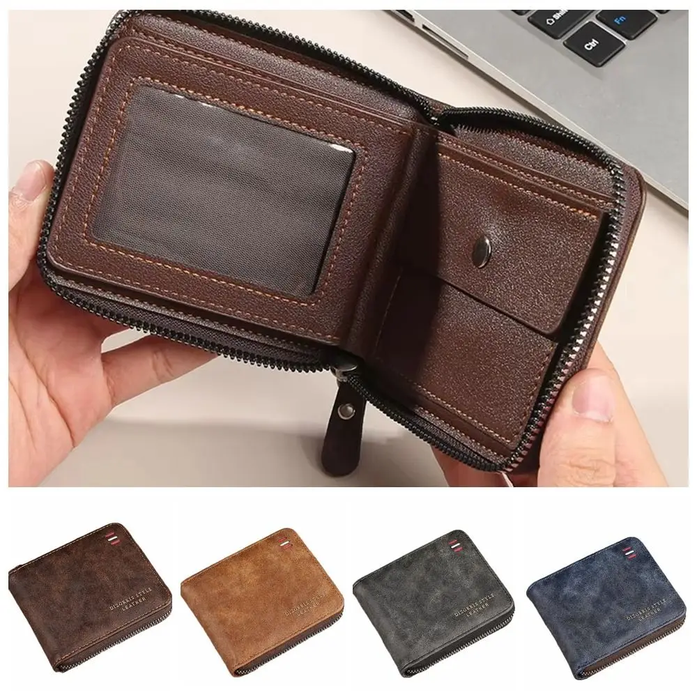 

Retro PU Leather Men Short Wallet Solid Color Zipper Business Clutch Bag Folding Large Capacity Card Holder Men