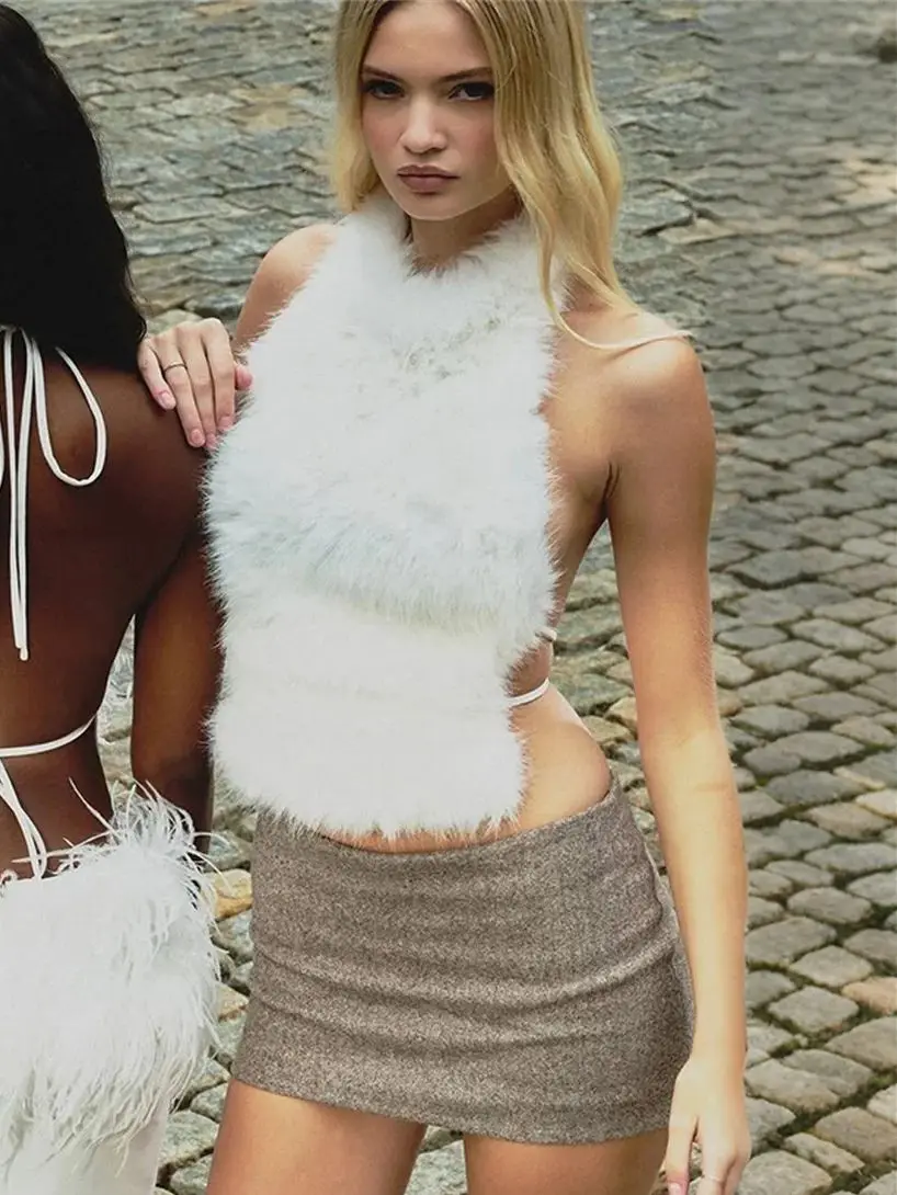 

Weird Puss Backless Knit Tassel Tank Top Women Sexy Classic Halter Bandages Sleeveless Simple Street Club Stretch Daily Vest