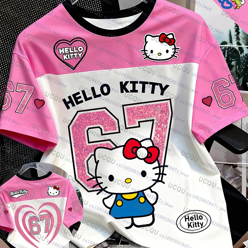 

Cartoon Hello Kitty Tshirt Fashion Sportswear Women Men V-neck Tshirt Loose Casual Lightweight Breathable Streetwear Cosplay Top