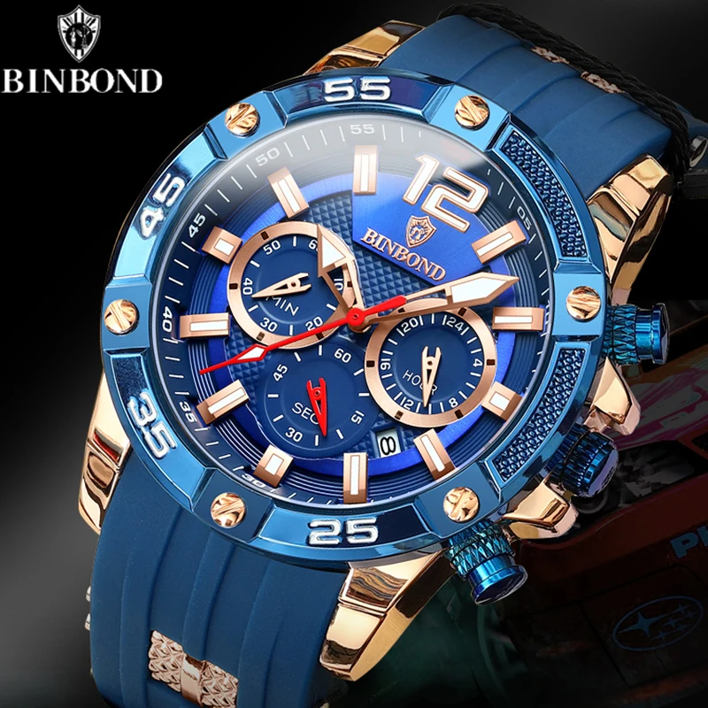 BINBOND Fashion Business Luxury Men's Quartz Watch Silica Gel Belt Waterproof Luminous Chronograph Multifunctional Men's Watch