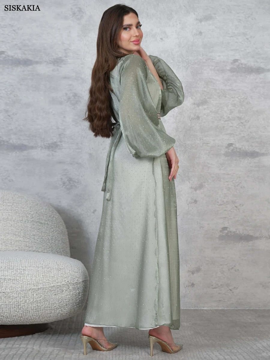 Siskakia Ramadan Muslim Embroidery Maxi Abaya Moroccan Puff Sleeve Kaftan Belt included Two Pieces Sequins Patchwork Dress