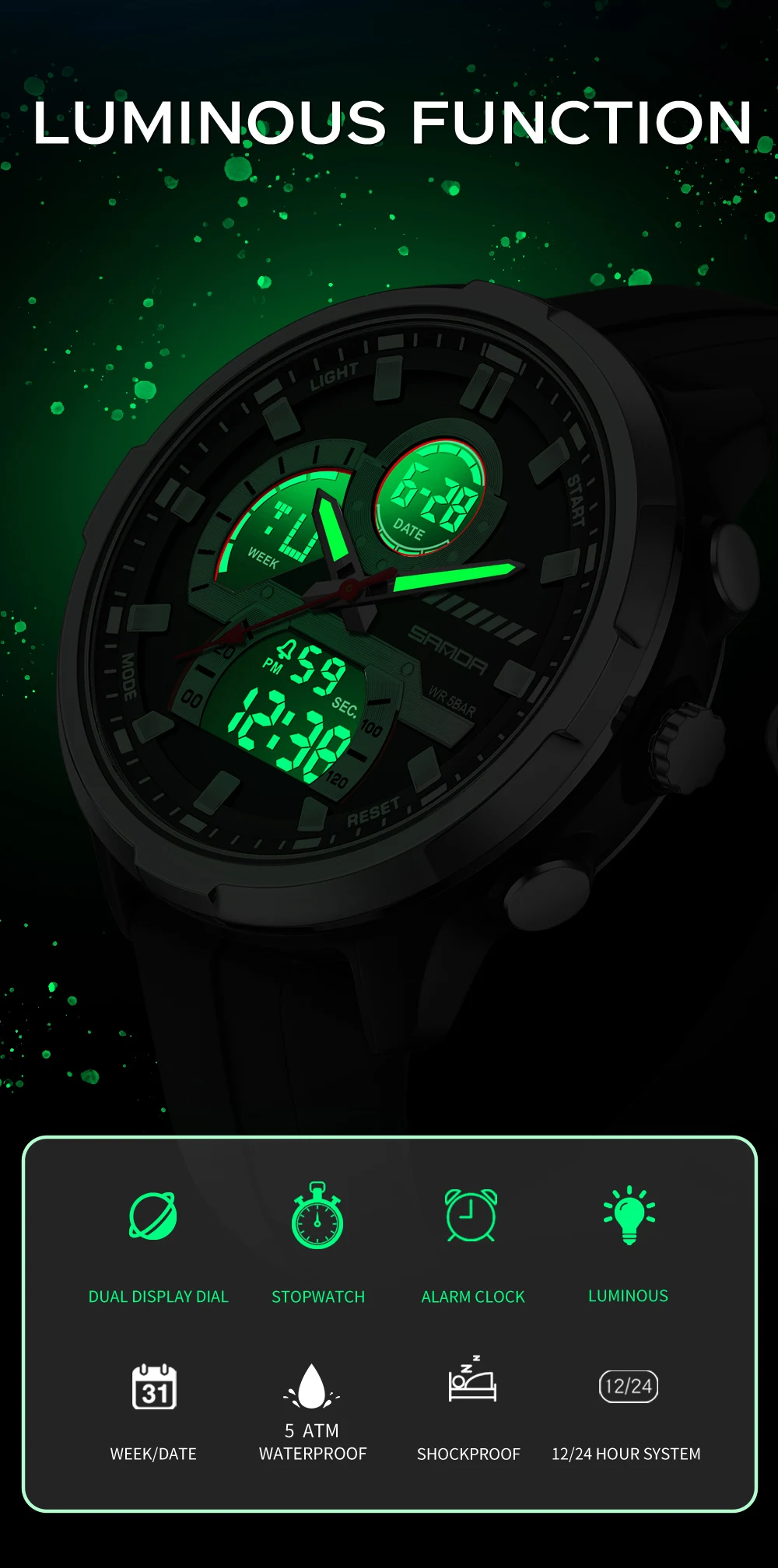 SANDA SD9077 Мужские часы Военные спортивные кварцевые цифровые светодиодные наручные часы Роскошный секундомер Водонепроницаемые мужские электронные часы