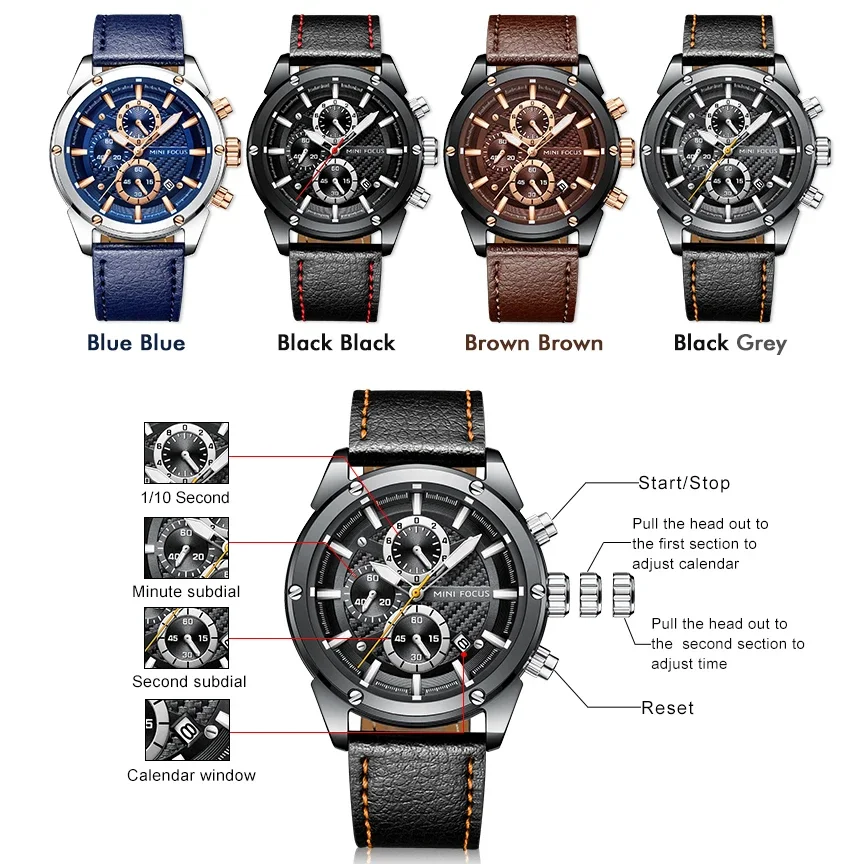 MINI FOCUS 0161G Luxury Quartz For Men Waterproof Sport Chronograph Wristwatch Blue Leather Strap Clock Fashion Mens Watches