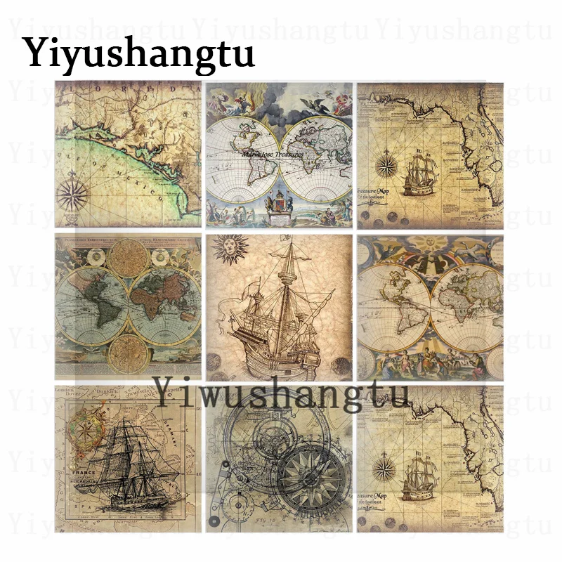 Retro old historical earth sailing map 12mm/20mm/25mm/30mm Square photo glass cabochon demo flat back Making findings