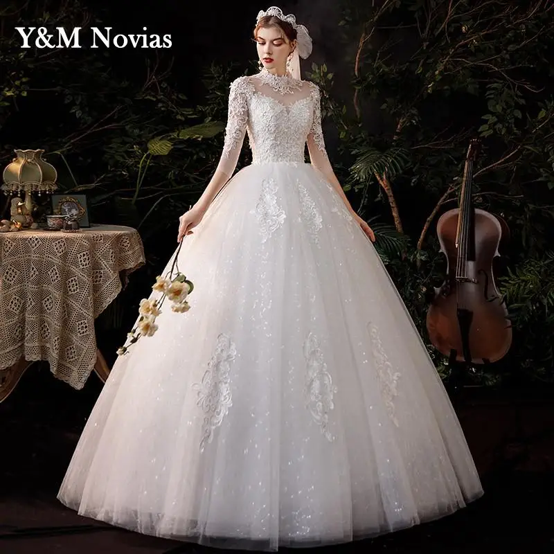 

High Neck Lace Off White Ivory A-Line 2023 Wedding Dresses With Long Sleeve For Bride Dress Gown Vintage Plus Size Customer Made