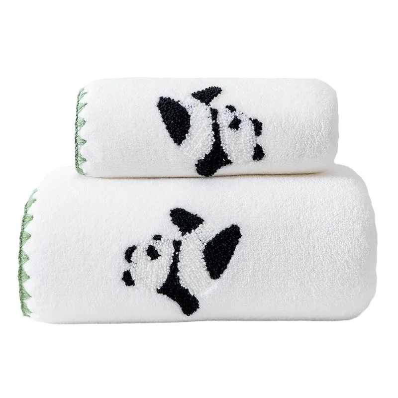 Panda Bath Towel 2-Piece Set Soft Fluffy Cotton Bath & Hand Towels with Cute Pattern Quick Dry Bathroom Towel Set for Women Kids