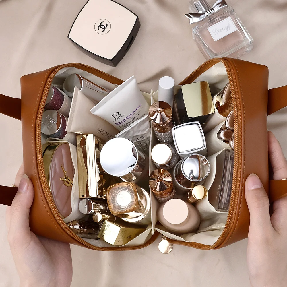سعة كبيرة بو الجلود حقيبة مستحضرات التجميل ، حقيبة غسيل محمولة ، منظم ماكياج ، أداة تخزين مع مقبض ، الموضة