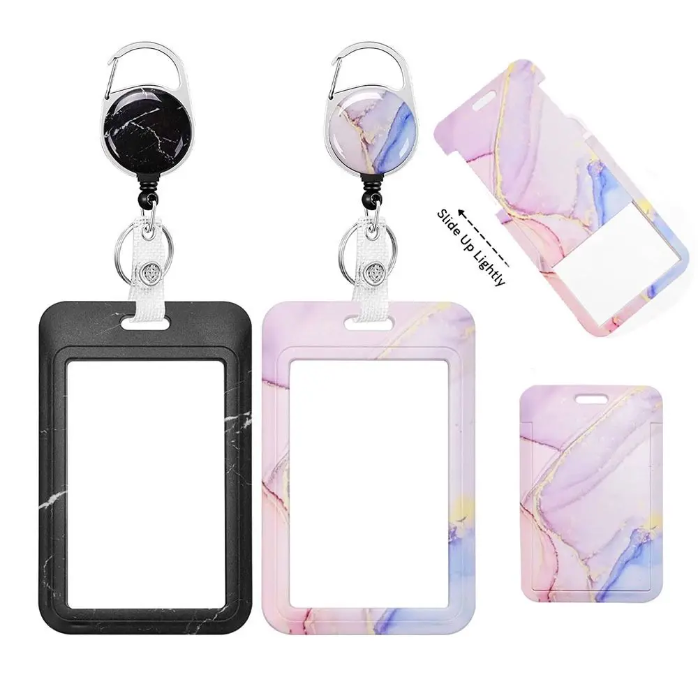 Fashionable Worker Pink Marble Office Supplies Name Badge Clip ID Card Holder with Retractable Reel Badge Case