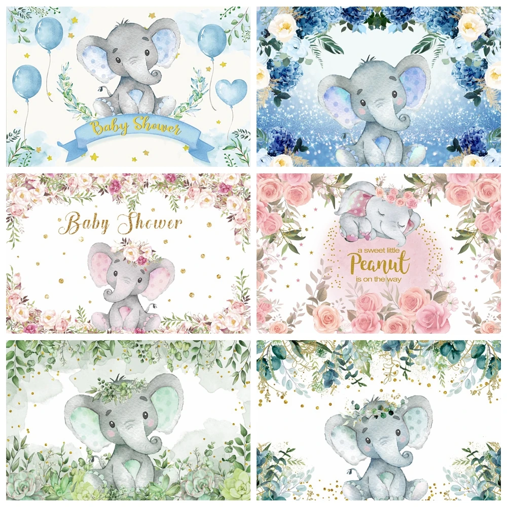 

Elephant Newborn Baby Shower Backdrop Photography Safari Flower Boy Girl 1st Birthday Party Cake Smash Background Photo Studio