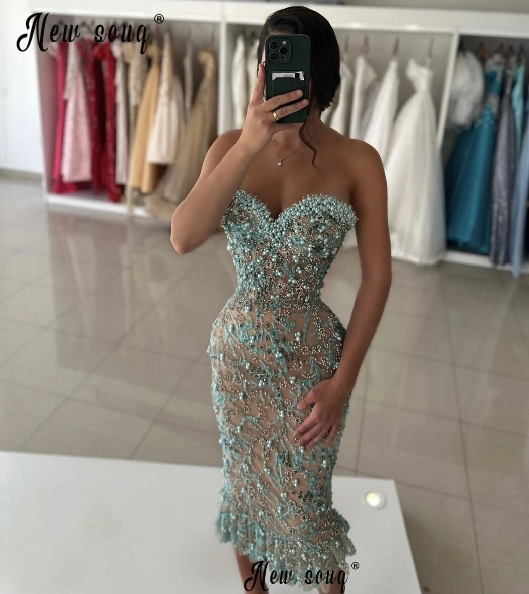 Light Green Midi Evening Prom Dress Embroidery Strapless Beads Fashion Cocktail Dress Trumpet Party Gowns vestidos de graduación