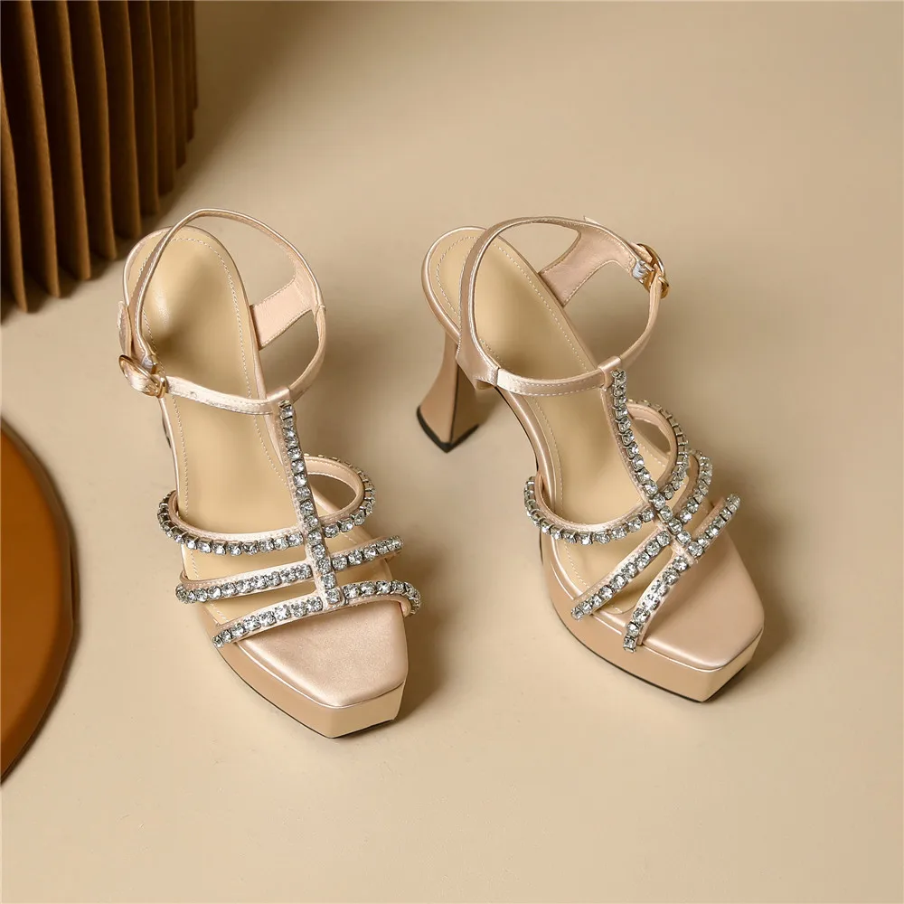 Aucegi New Design Platform Block High Heels Rhinestone Gladiator Sandals Fashion Square Toe Ladies Elegant Banquet Wedding Shoes