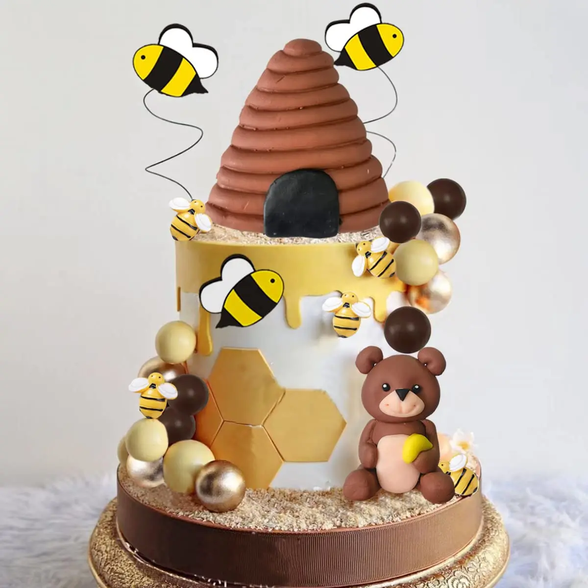 7pcs Bee Cake Toppers For Honey Bear Theme Party Decorations Baby Shower Kids Happy Birthday Party Supplies Cupcake Decors