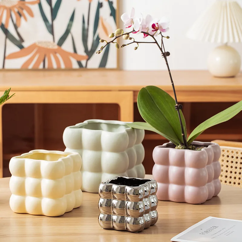 Modern Minimalist Jiugongge Spherical Ceramic Flowerpot Cream Wind Indoor Home Decoration Basin Desktop Decoration Ornaments