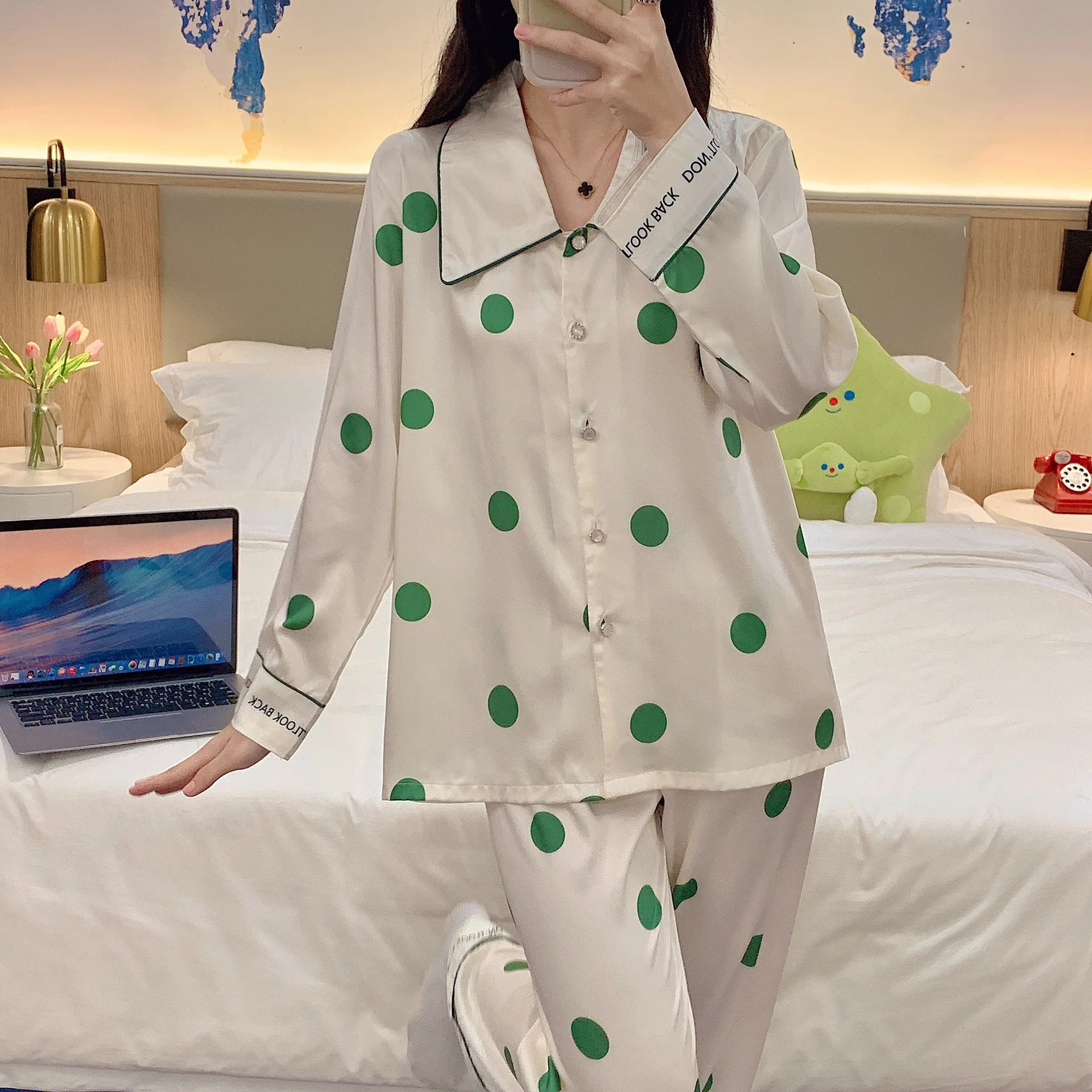 Autumn Sleeping Pajamas For Women Winter Set Polka-dot Long Sleeve Sleepwear Top Trousers Sets Single-breasted Pijama Feminino