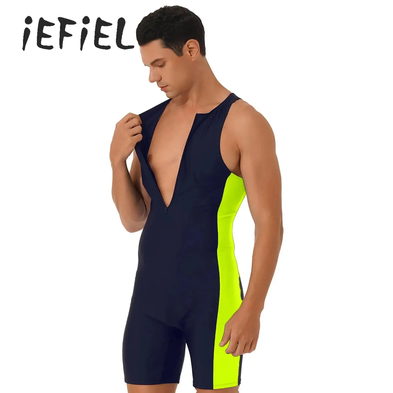 

Mens One Piece Swimsuit Swimwear Zipper Sleveless Color Block Shorty Jumpsuit Boxer Bodysuit Swimming Bathing Suit Beachwear