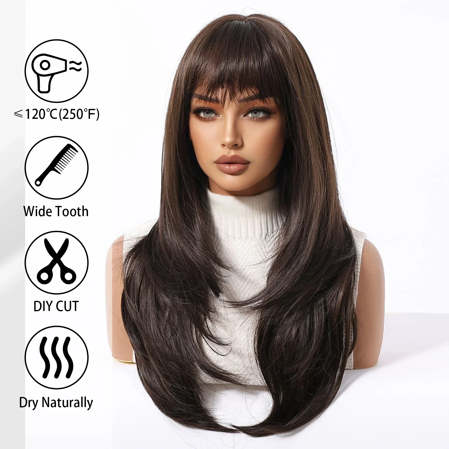 Dark Brown Layered Wig Wigs with Bangs Brown Straight Wigs For Women Synthetic Layered Cut Heat Resistant Glueless Wigs 24inch  Factory Direct Wholesale, Affordable Bulk Price  Cost-effective Bulk Price