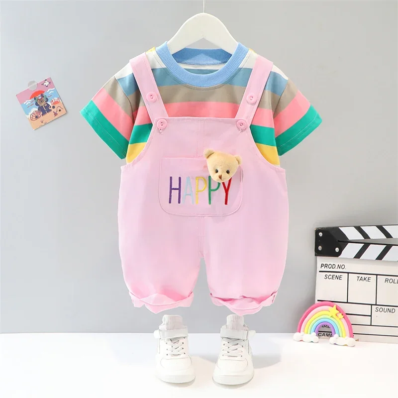 

Summer Baby Girls Boys Clothing Sets Kids Stripe T Shirt Shorts Cartoon Bear Infant Clothes Outfits Children Casual Sportswear