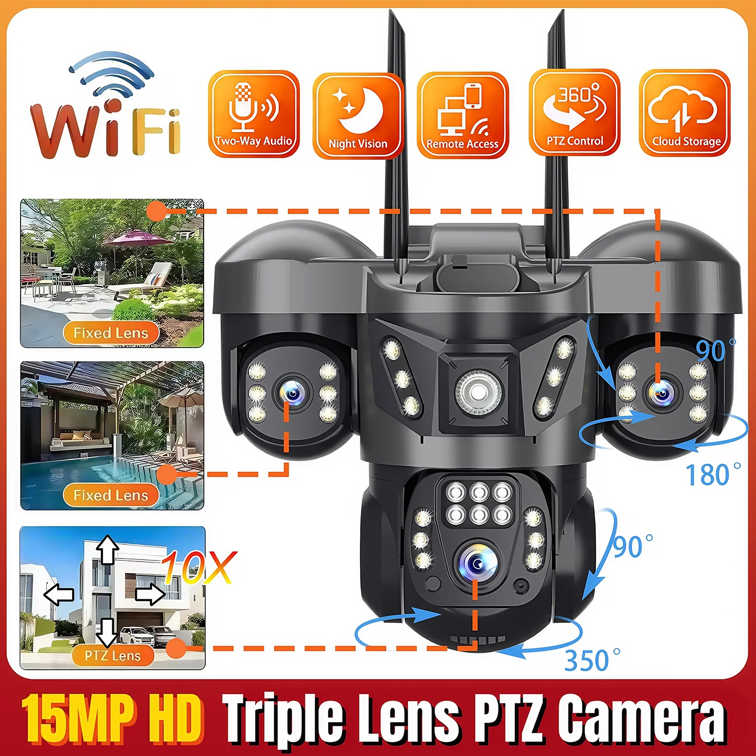 

Camera Outdoor 15MP Triple Lens Triple Screens Security Video Monitor Night Vision Waterproof PTZ CCTV V380 Pro WiFi IP Cameras