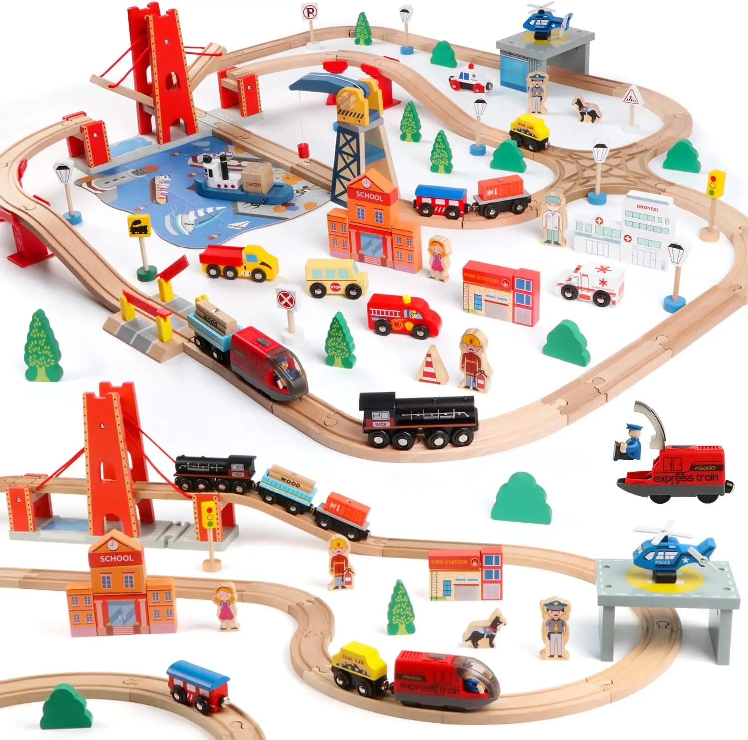 

121PCS Wooden Train Set with Storage Bag - Busy Port City Wooden Train Track Set Toy for Kids Ages 3+, Compatible with Major Bra