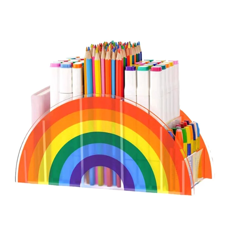 Rainbow Arch Bridge Pen Holder Colorful Rainbow Office Storage Box With 5 Compartments Half Circle Design For Students School