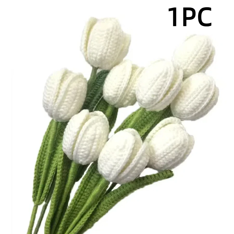 1PC Crochet Tulips Flower Hand-knitted Artificial Flower Bouquet Fake Flower for Home Vase Decoration Christmas New Year Gifts