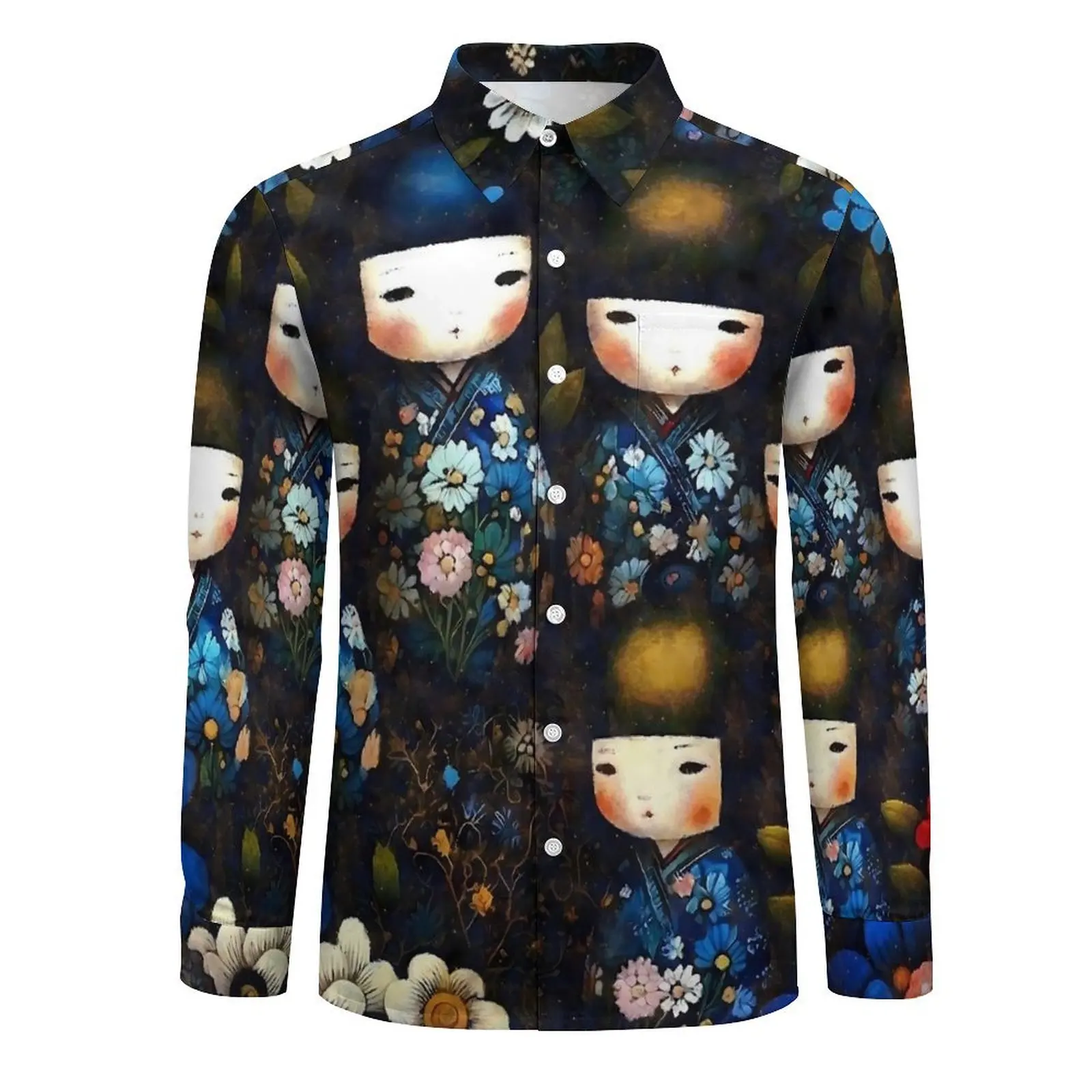 Kokeshi Dolls Blouses Men Japanese Dolls Shirt Long Sleeve Cool Breathable Casual Shirts Autumn Graphic Clothing Large Size