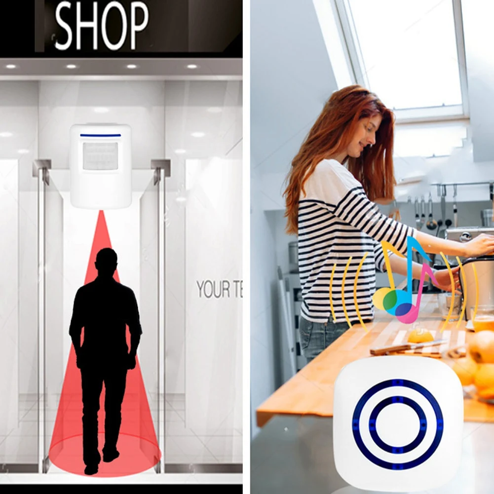 A01F-Wireless Doorbell PIR Infrared Sensor Motion Detector Entry Door Bell Alarm With Receiver & Transmitter EU Plug