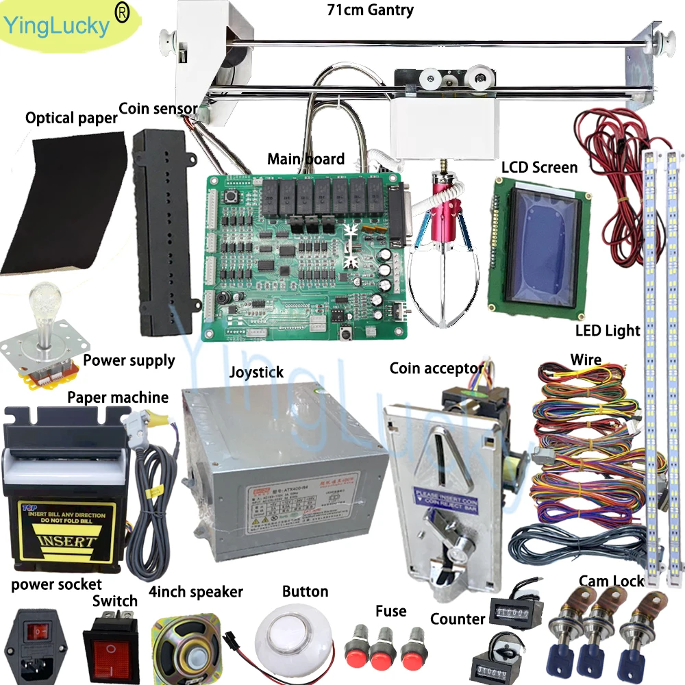 Crane Vending claw Machine Kit DIY Set Game Board 71cm Gantry Claw Power Joystick LED Buttons Coin Acceptor Sensor