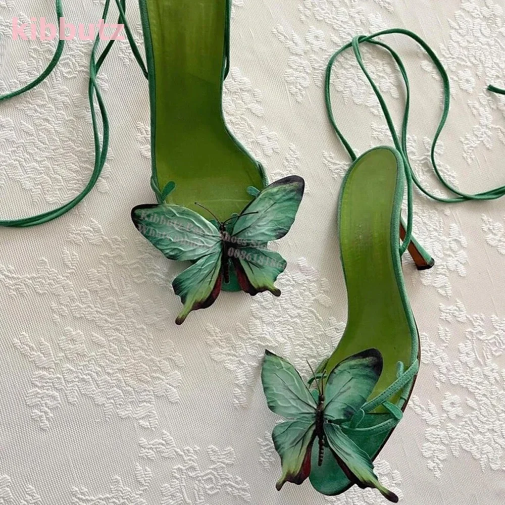 

Butterfly Sandals Lace-Up Mixed Color Round Toe Thin Heels Genuine Leather Fashion Novelty Sexy Elegant Party Women Shoes Newest