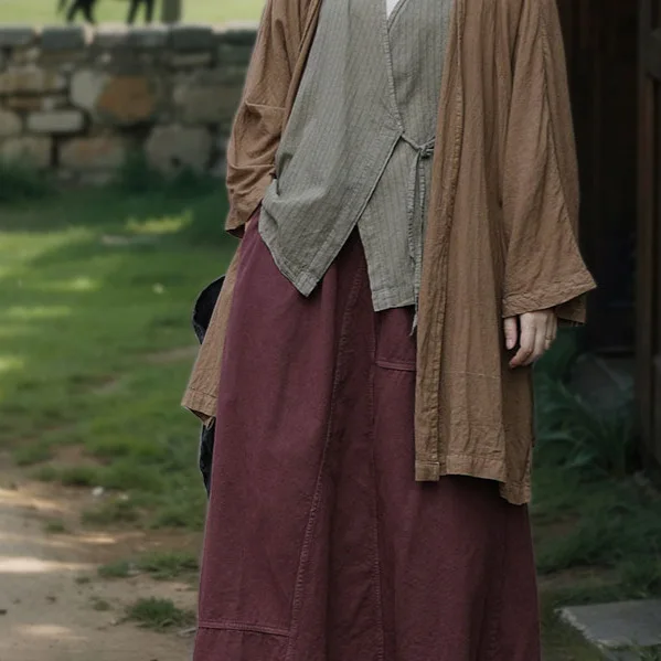 Women Cotton Linen Middle -length Skirts New 2025 Spring Vintage Style Solid Color Loose Comfortable Female Casual A-line Skirt