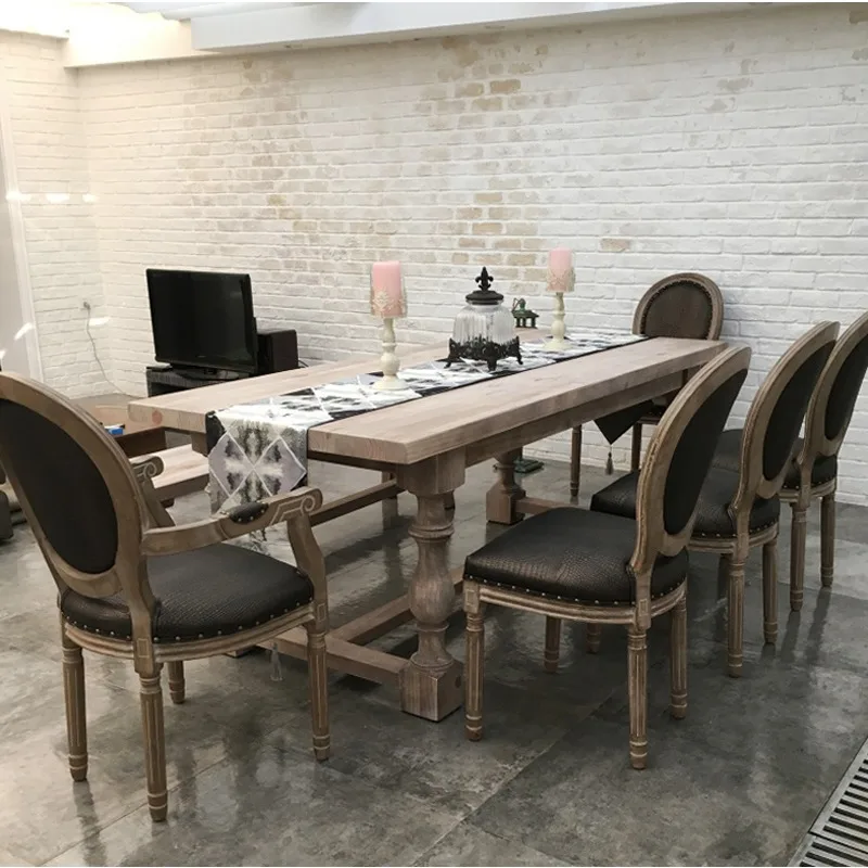 American country old retro style solid wood dining table rectangular household Roman column