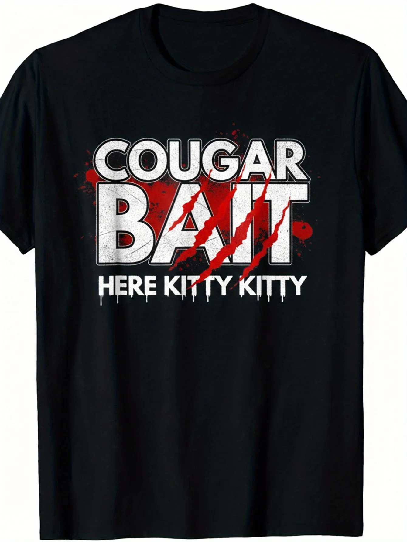 Men's T-Shirt, Cougar Decoy Pattern, Thick Retro Short Sleeve With Cougar Slogan Crew Neck Design, Ideal For Gym And Casual Wear Suitable For Outdoor Activities And Night Dates, Black