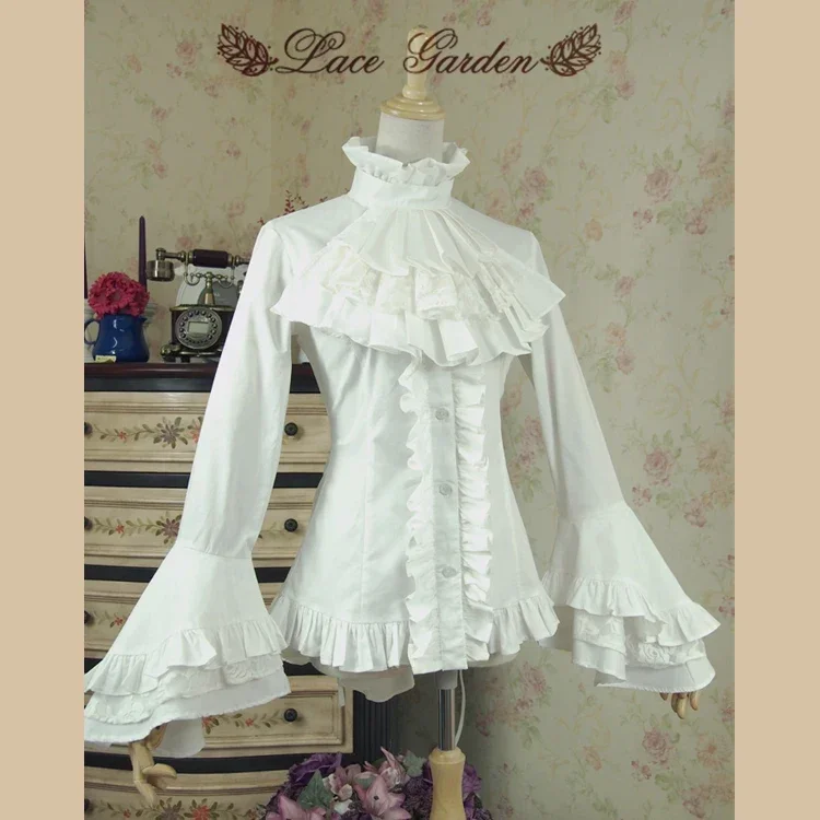 Vintage biała/czarna bluzka z wysokim stanem i długim, rozszerzanym rękawem, marszczona gotycka wiktoriańska koszula dla kobiet marki Lace Garden