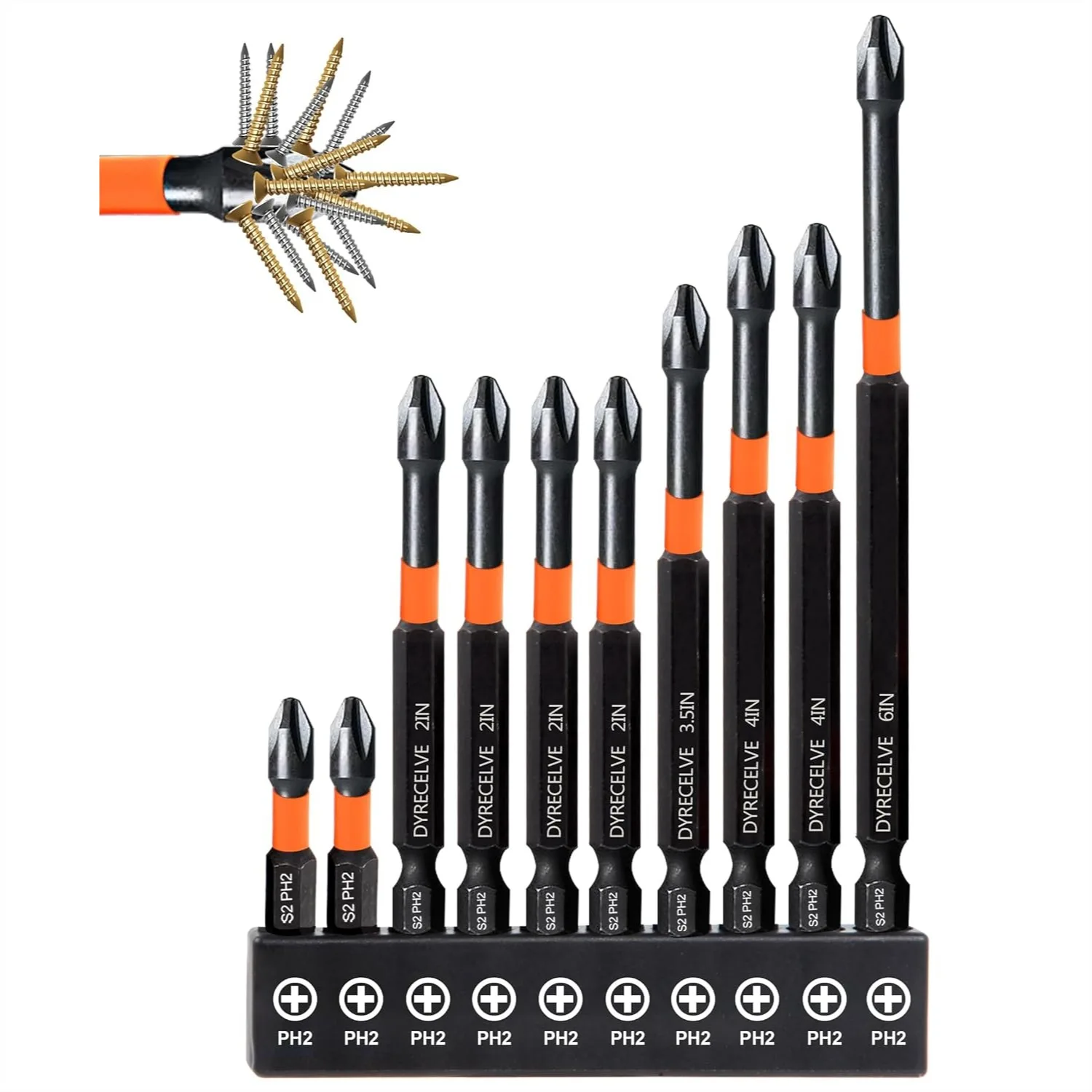 

10-Pack Phillips Bits #2 Impact Magnetic, 1-Inch to 6-Inch Long PH2 Drill & Screwdriver Bits, S2 Steel 1/4" Hex Shank for Impact