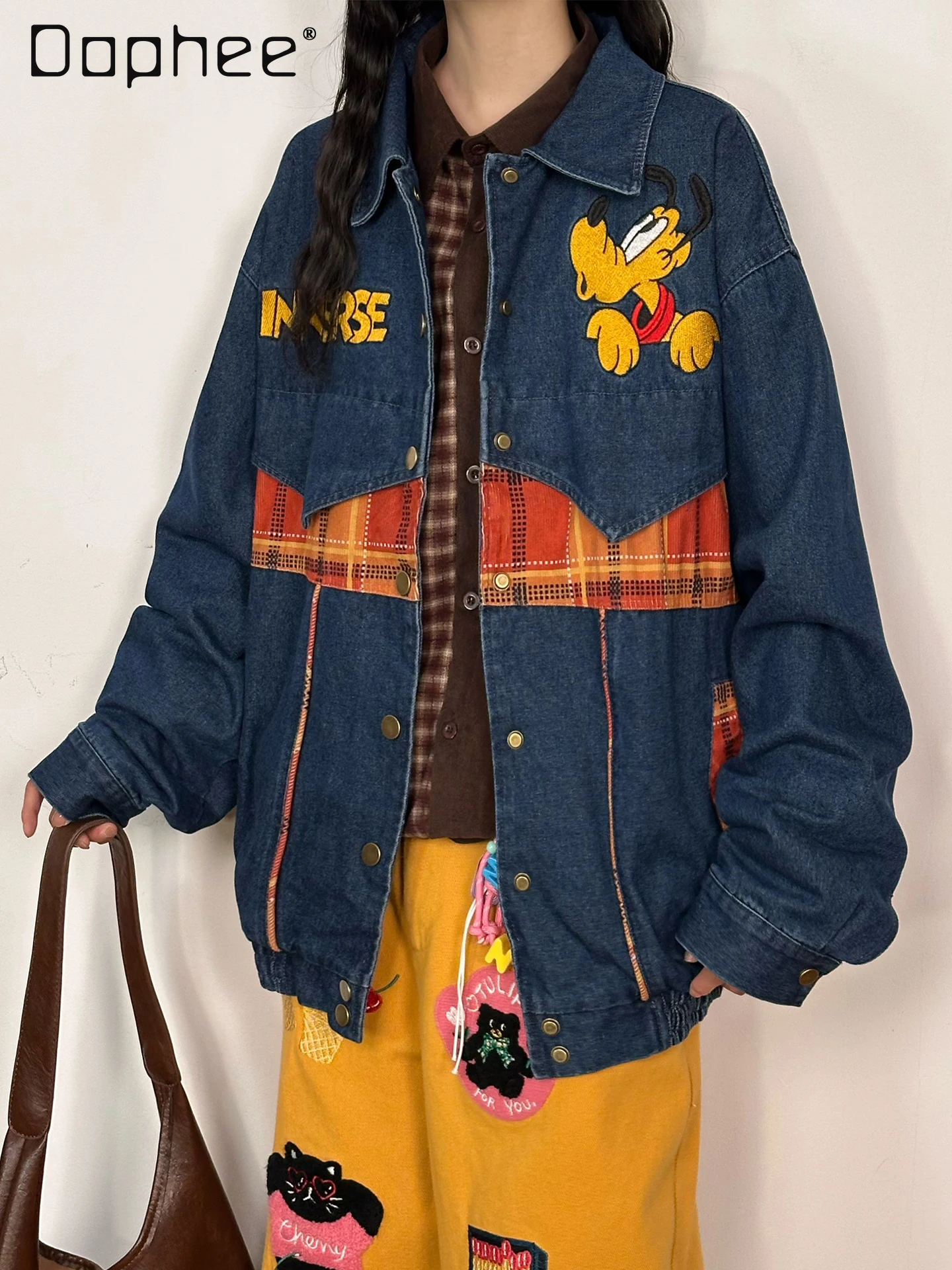 

American Retro Cartoon Playful Embroidered Washed Denim Jacket for Women Loose Fit Jacket Trendy Jean Jacket for Women