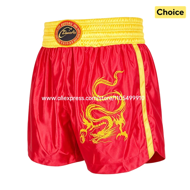 Muay Thai Shorts Embroidered Boxing Shorts Satin Men Women Kids Wushu Sanda Martial Arts MMA Kickboxing Training Pants Blue Red