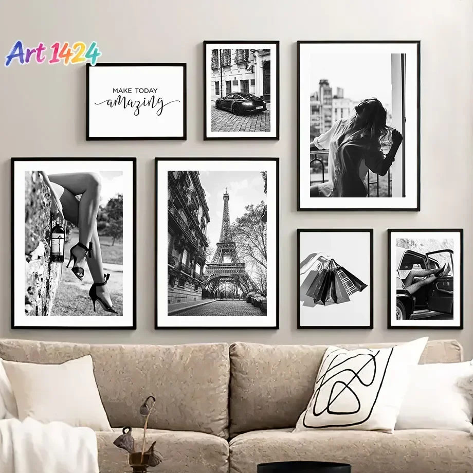 Modern Paris Tower Fashion Girl luxury Car Landscape Wall Art Canvas Painting Black White Poster Print Pictures Home Room Dec