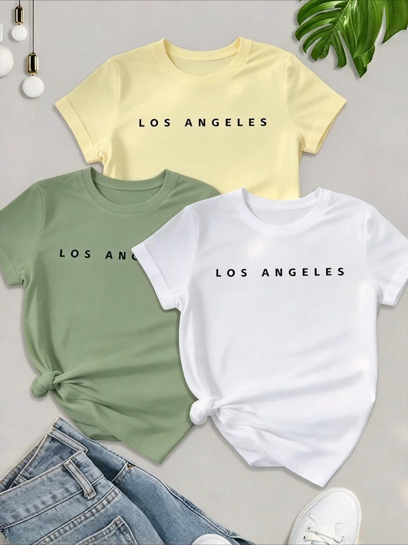 2026 Women 3-Pack Summer Casual T-Shirt Set, Clean Girl Aesthetic Los Angeles Minimalist Letter Graphic Print Tees, Crew Neck Loose Fit Short Sleeve Basic Tops For Daily Outfit