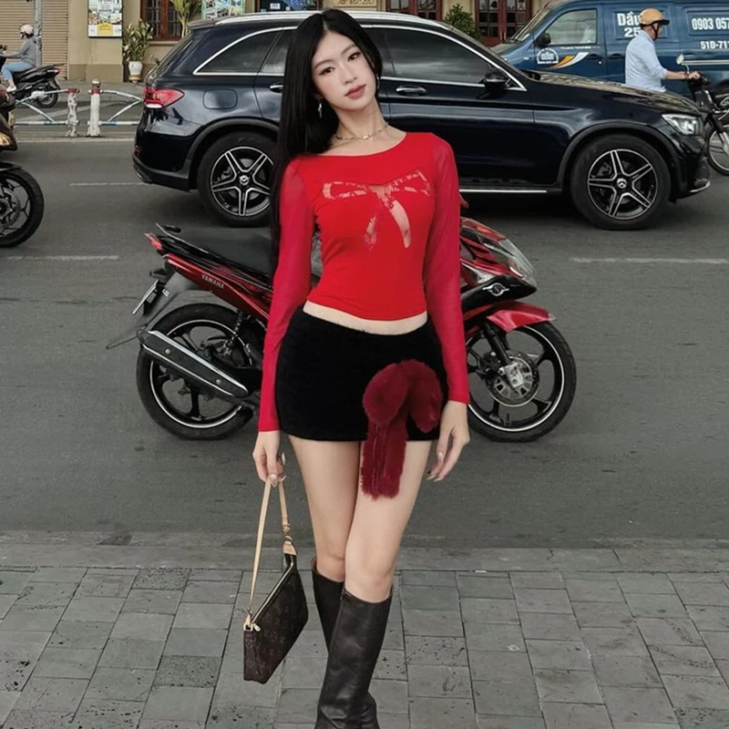 WhereMery Y2K Mesh hollow Bow Slim Crop Top Summer High Street Red Long Sleeve T-Skirt Women Sexy Night Club Party Tee