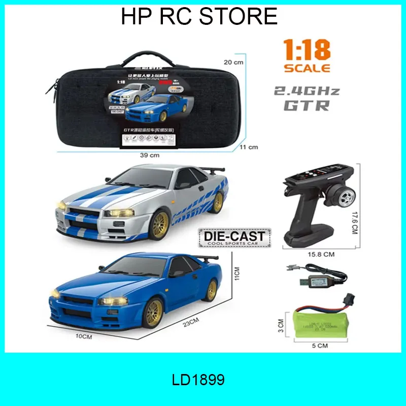 

LDRC 1899 1/18 RC Drift Car LD1899 GTR Mode R34 2.4GHz RWD with Gyroscope on-Road Alloy Body Shell Racing Car for Boys Gifts