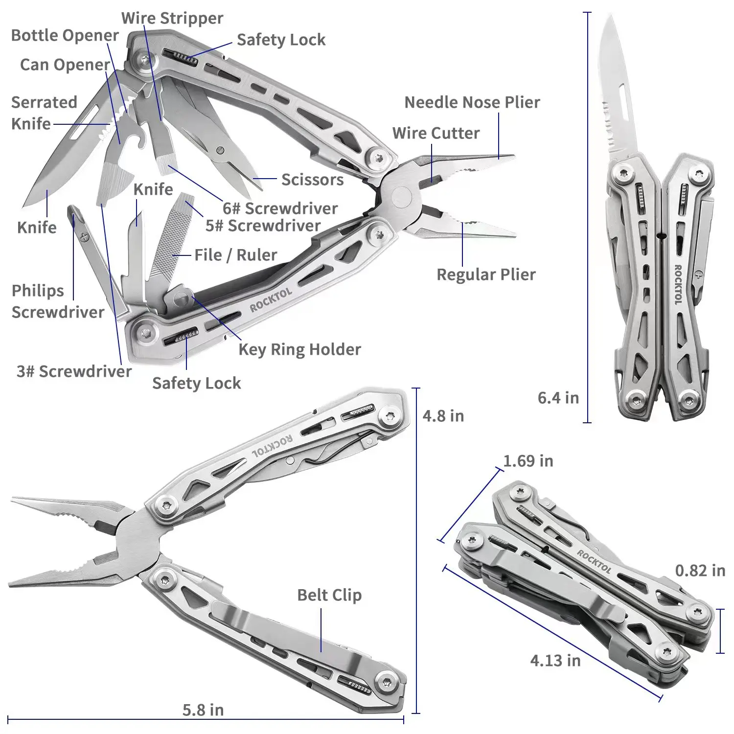 ROCKTOL Multitool, 16-in-1 Pocket Multitool Pliers Set with Pocket Clip, Safety Locking Toolset and Nylon Sheath for Outdoor Sur