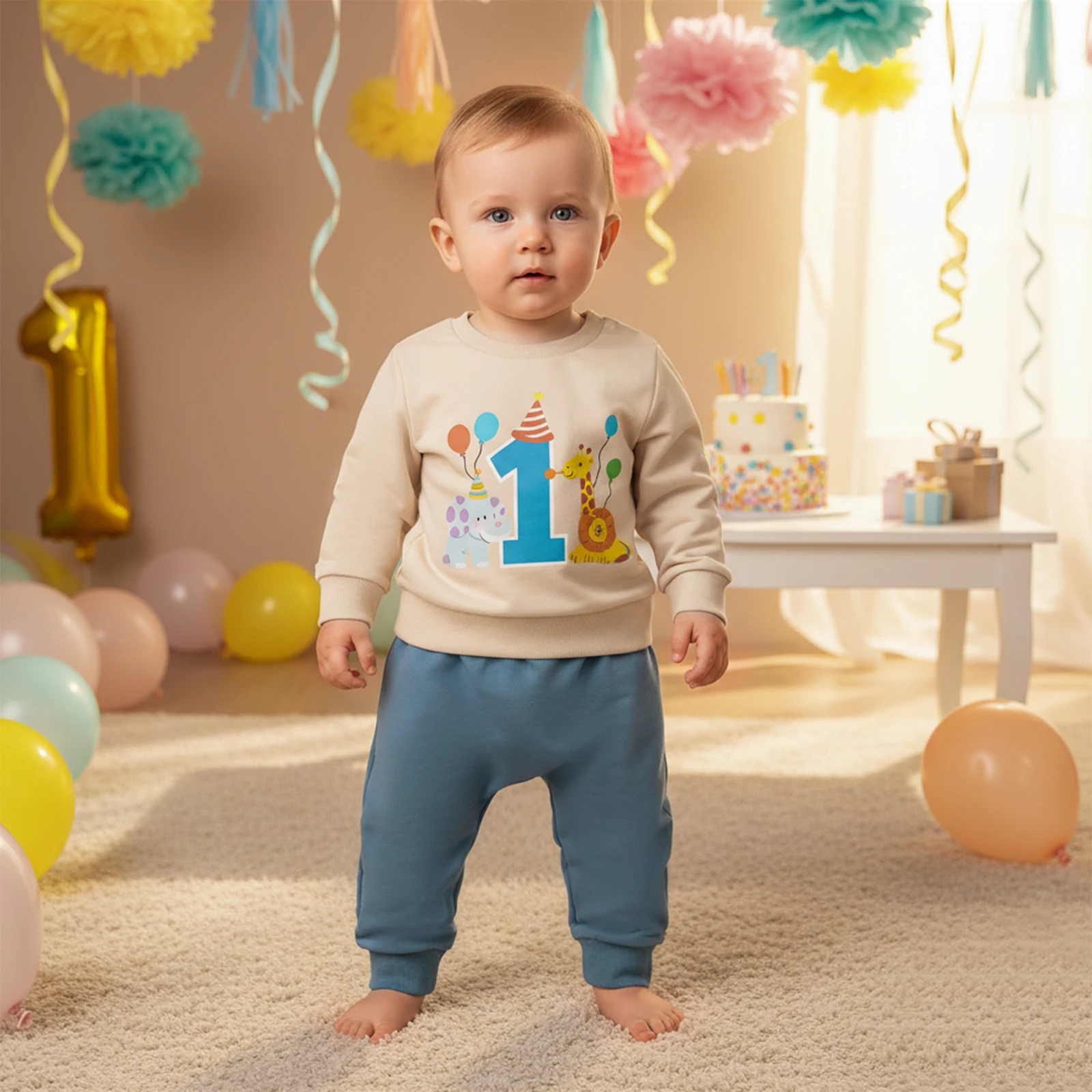 

FOCUSNORM 0-12M Newborn Baby Boys Birthday Clothes Sets Long Sleeve Elephant Balloon Printed Pullover Sweatshirt Pants 2Pcs